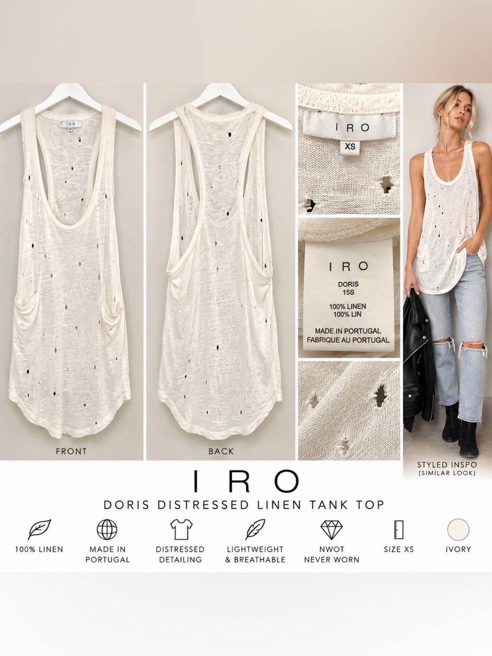 IRO Distressed Doris Linen Tank Top - Ivory